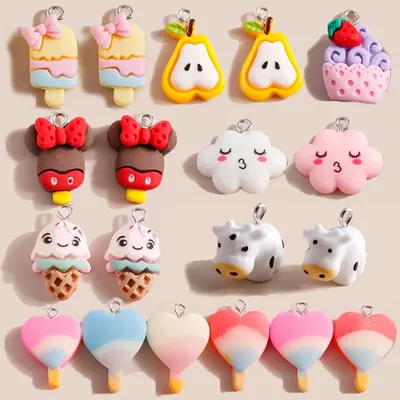 10pcs Mix Kawaii Cartoon Resin Ice Cream Cake Chips Pear Flowe Cola Charms Pendants for Earring Bracelet Keychain Jewelry Making