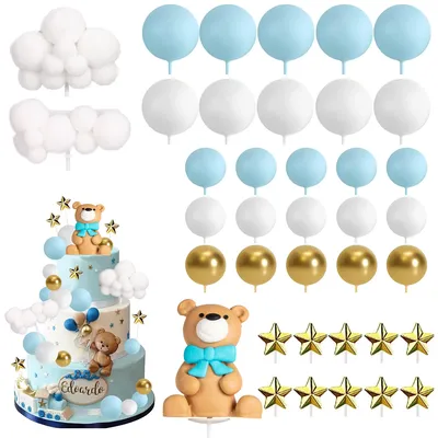 38Pcs Cute MiniTeddy Bear Cake Decorations Bear Figurine Bolls Stars Clouds Cake Toppers for Baby