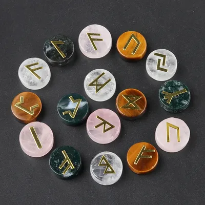 25pcs Natural Crystal Runes Signs Roundel Stone Runic Alphabets Letters Sacred Symbol Healing Gem