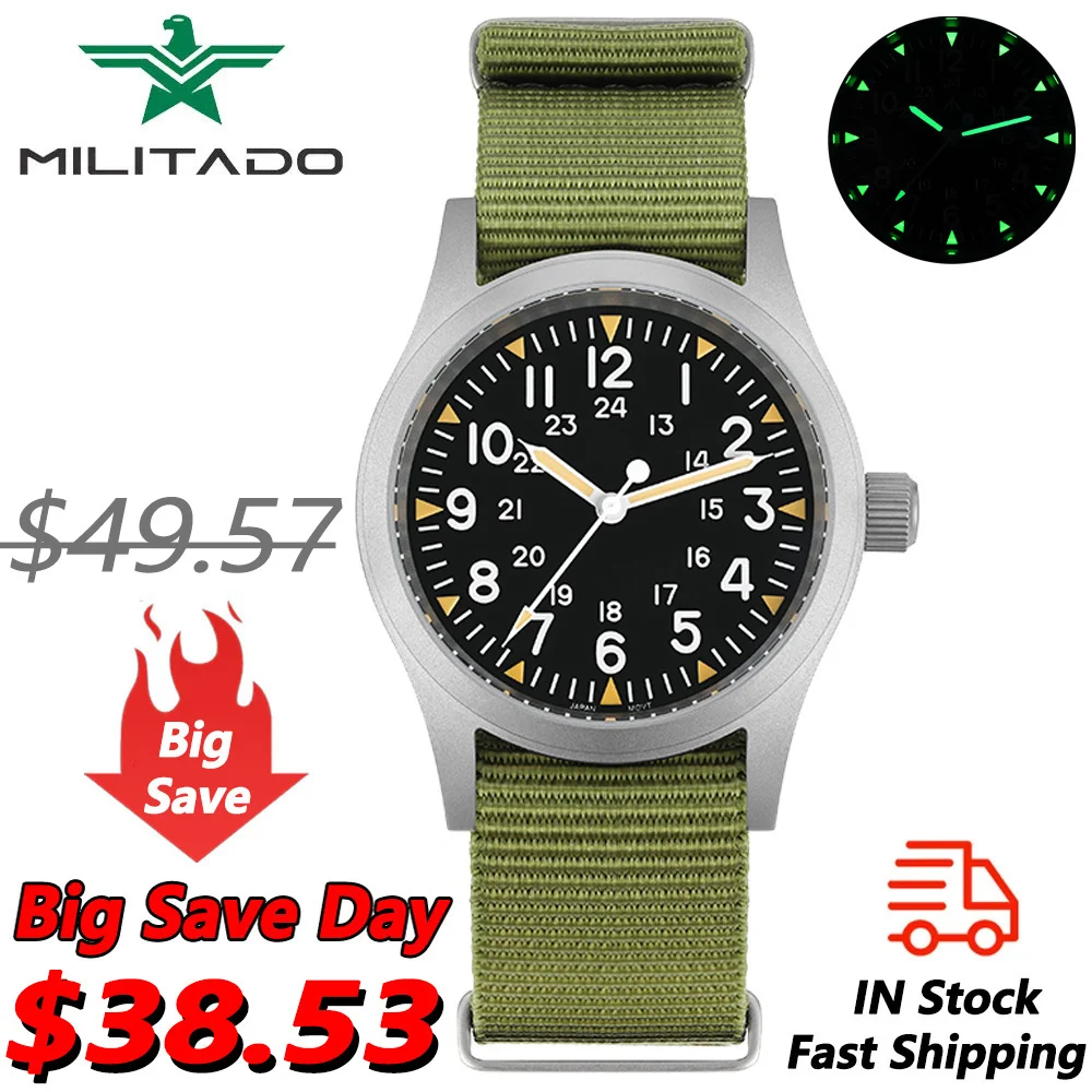 Militado ML05 Vintage Watch VH31 Sweep Second Movement Domed Sapphire Crystal With High Clear AR Coating Luminous 38mm Watches