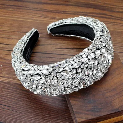 Large Silver Color Luxury Crystal Gem Headbands Padded Shiny Rhinestone Bridal Hairbands For Women