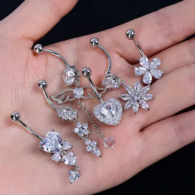 Belly Button Rings Stainless Steel Butterfly Wing Flower Zircon Dangle for Women Belly Navel Rings