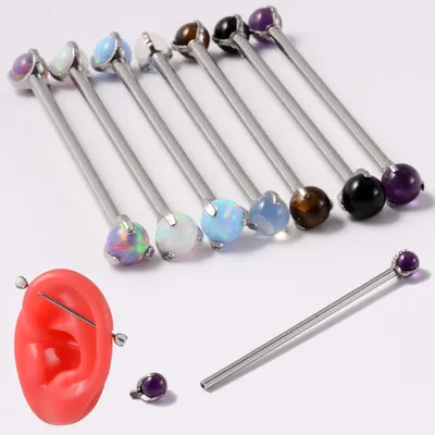 1PC Surgical Steel Prong Opal Industrial Barbell Ring Cartilage Earring Natural Stone Helix Body