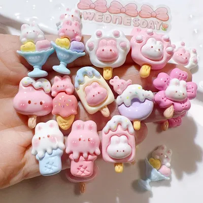 10Pcs New Cute Resin Mini Cartoon Rabbit Popsicle Series Flat Back Manicure Parts Embellishments