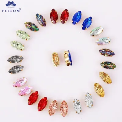 PEESOM New Arrival Laster Color Sew On Horse Eye Rhinestone Brass Gold Claw Navette Stone Shapes for