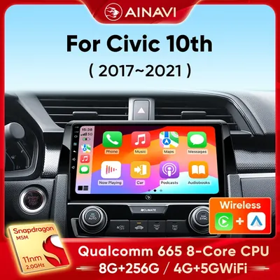 Ainavi Car Radio For Honda Civic 10th 2015 2016 2017 2018 2019 2020 2021 Player Wireless Carplay Android Auto Multimedia 2 DIN