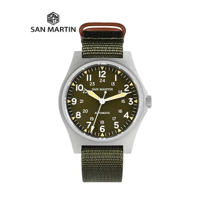 San Martin Pilot Watch 38mm NH35 Retro Military Automatic Mechanical Wristwatch Bead Blasted Case Waterproof 100m Lum SN0137G