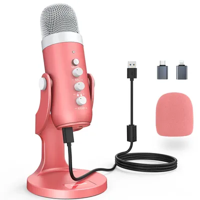 Haomuren USB Condenser Microphone Pink Studio Recording Mic for PC Mac Computer Phone Gaming Streaming Podcasting Laptop Desktop