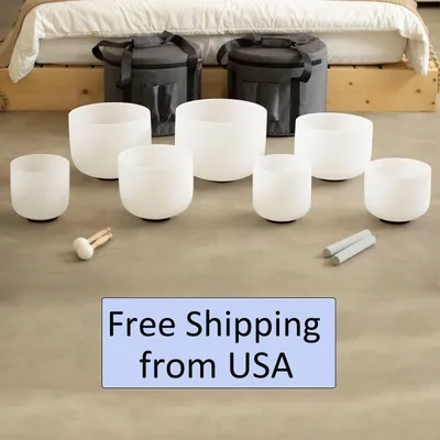 Hye-eun 7-12/6-12 Inch Crystal Singing Bowls Chakra Set of 7pcs with 2 Pcs Carrying Case for Yoga