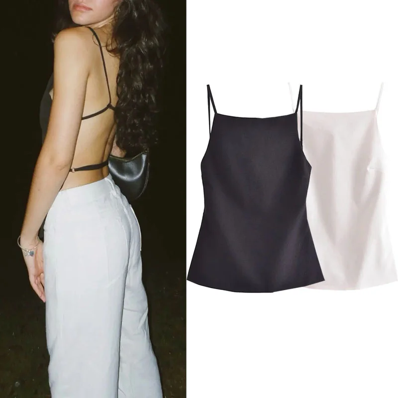 MUJER 2025 Black Backless Top Female White Sleeveless Crop Top With Straps Summer Sexy Tops Woman Party Women