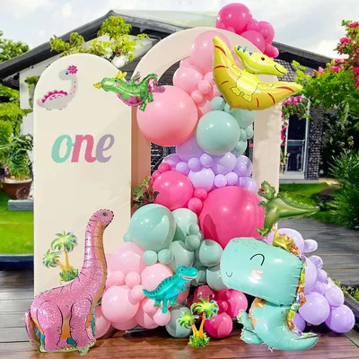 137pcs Girls' Pink Dinosaur Birthday Party Balloon Arch Kit With Foil DinosaurBalloon For Dinosaur