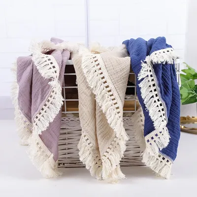 Cotton Muslin Swaddle Blankets for Newborn Baby Tassel Receiving Blanket Solid Swaddle Wrap Infant