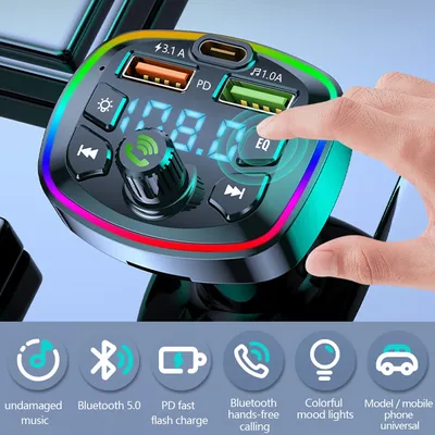 Car MP3 Player Bluetooth 5.0 FM Transmitter Handsfree Car Radio Modulator with Built-in Mic USB