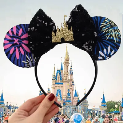 Disney Castle Fireworks Mouse Ears Headband Sequins Bow Girls Cosplay Hairband Adult/Kids Party Gift