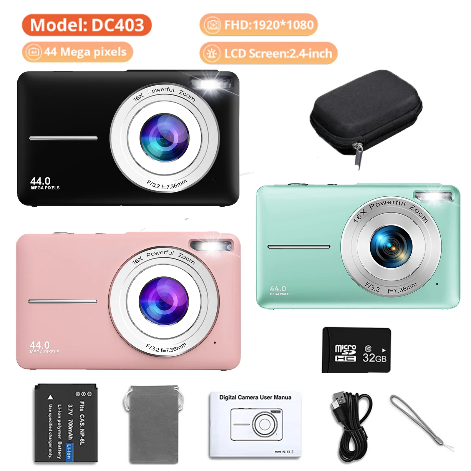 HD 1080P digital Camera 2.4 inches Rechargeable Cameras with 16x Zoom Compact Camera 44MP Cameras for kids Girls camera digit