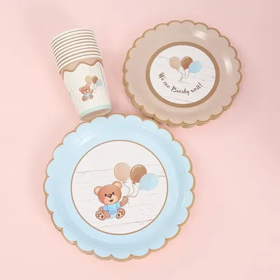 Cute Teddy Bear Baby Shower Disposable Tableware Sets Brown Blue Napkin Plate Cup Kids Baby Boy Girl