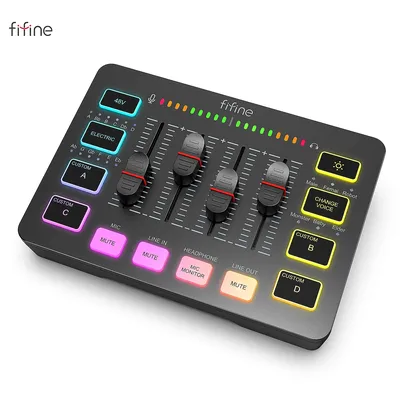 FIFINE Gaming Audio Mixer,Streaming 4-Channel RGB Mixer with XLR Microphone Interface,for Game