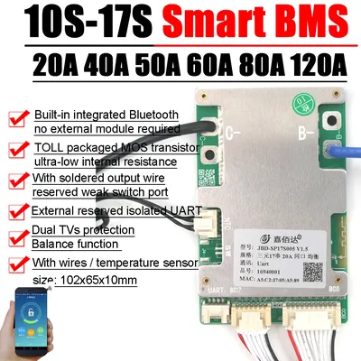 JBD 10S to 17S Bluetooth Smart BMS 14S 13S Lithium Battery Protection Board Balance 36V 48V 52V 60V