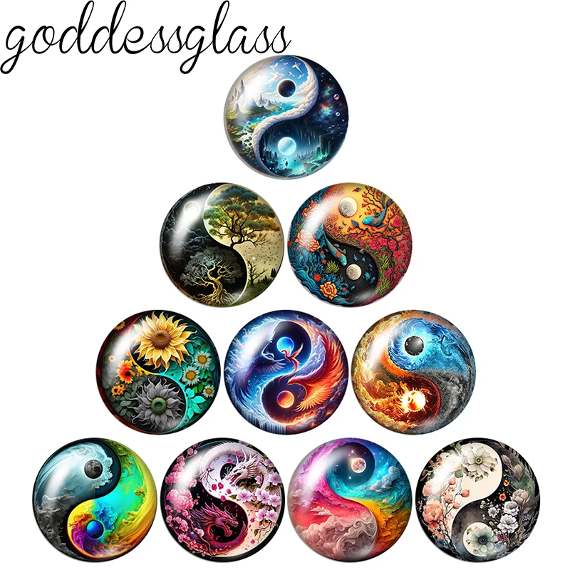 Yin Et Yang Fine design Tai Chi mix 12mm/18mm/20mm/25mm Round glass cabochon flat back Making findings for custom DIY bracelets