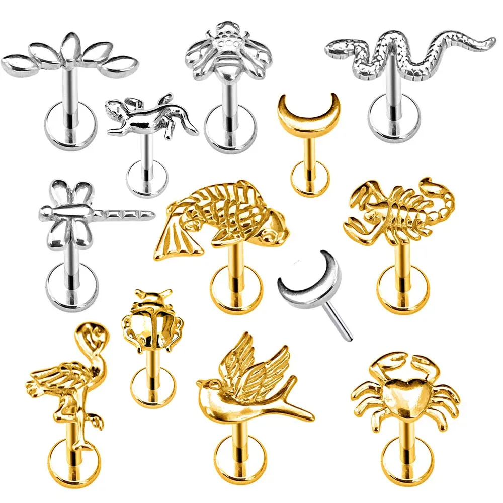 Snake Bee Dragonfly Threadless Piercing Crab Scorpion Fish Pin Push in Labret Stud Flower Moon Swallow Bird Daith Conch Earring