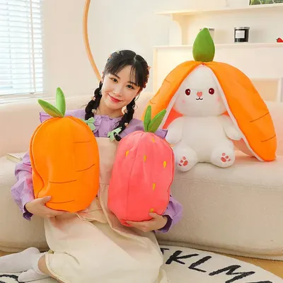35-60cm Giant Size Lovely Rabbit Turn to Caot Strawberry Dolls Doll Fruit Transfigured Bunny Plush