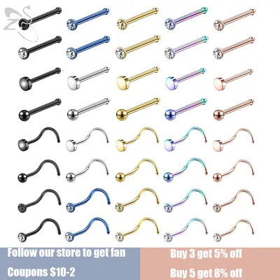 ZS 6-12pcs/lot Colorful CZ Crystal Nose Stud Stainless Steel Nose Piercing Screw S-Shape Retainer