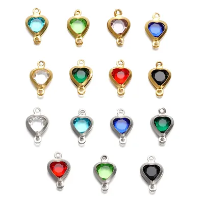 10pcs 7.5mm Stainless Steel Double Hole Heart Pendant Colorful Crystal Charms Connector for DIY Necklace Bracelet Jewelry Making