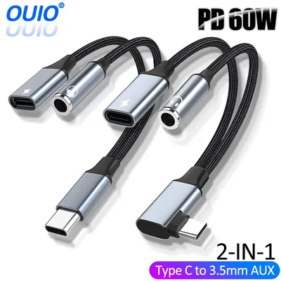 PD 60W USB C to 3.5mm AUX Cable Converter 2 In 1 Type C to 3.5mm Headphone Jack Adapter Audio Cable