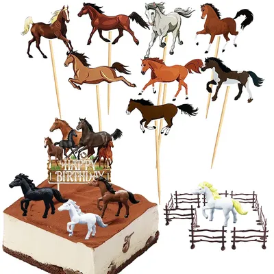 Horse Theme Party Supplies Horse Shape Cake Toppers Fence Horse Miniature Toys Horse Racing Birthday