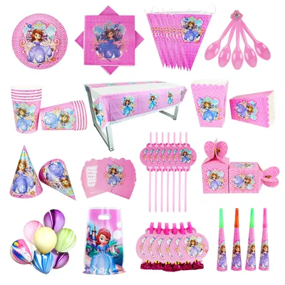 Disney Sofia Cups Plates Tablecloth Horns Balloon Girls Birthday Decoration Party Supplies Baby