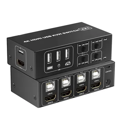 4 Port HDMI KVM Switch 4 in 1 out 4K 60Hz HDMI USB Switch Selector with Desktop Controller for 4 PC