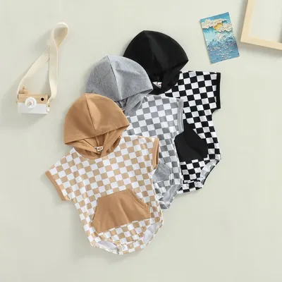 2022-06-11 Lioraitiin 0-24M Baby Girls Boys Summer Bodysuit Short Sleeve Checkerboard Print Hooded