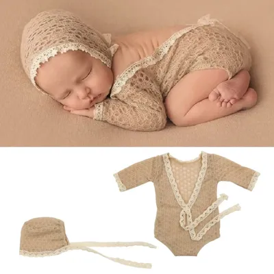 Newborn Baby Photography Props Costume Set Hat Bodysuit Photo Props 2pcs Newborn’s Photostudio Props Pilling Resistance Unisex