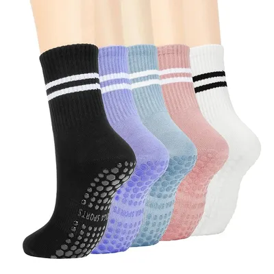 4pairs Women Anti-skid Yoga Socks Grips Cotton Mid-tube Bottom Breathable Fitness Dance Barre