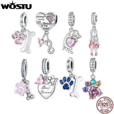 WOSTU 925 Sterling Silver Pink Crytal Heart Charms Cute Pet Paw Bead Fit Original Bracelet Necklace