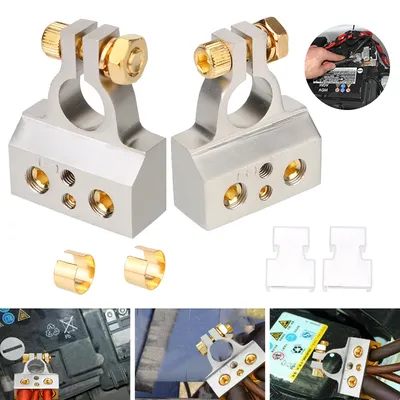 2Pcs Car Battery Terminal Connectors Audio Stereo Cable Clamps 0/2/4/8/10GA Adapter Modified Set