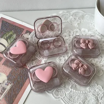 Contact Lens Cases Pink Transparent Love Bow Contact Lens Case Girl Portable Beauty Pupil Box