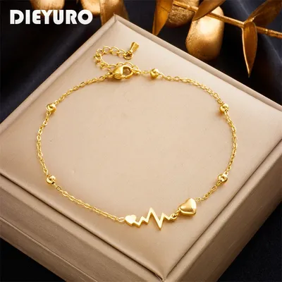 DIEYURO 316L Stainless Steel Heart Electrocardiogram Anklets For Women Girl New Trend Leg Chain