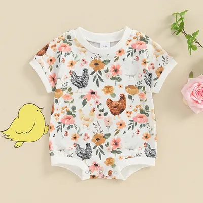 Lioraitiin 0-18M Summer Baby Girls Boys Romper Floral Farm Hen Print Round Neck Short Sleeve