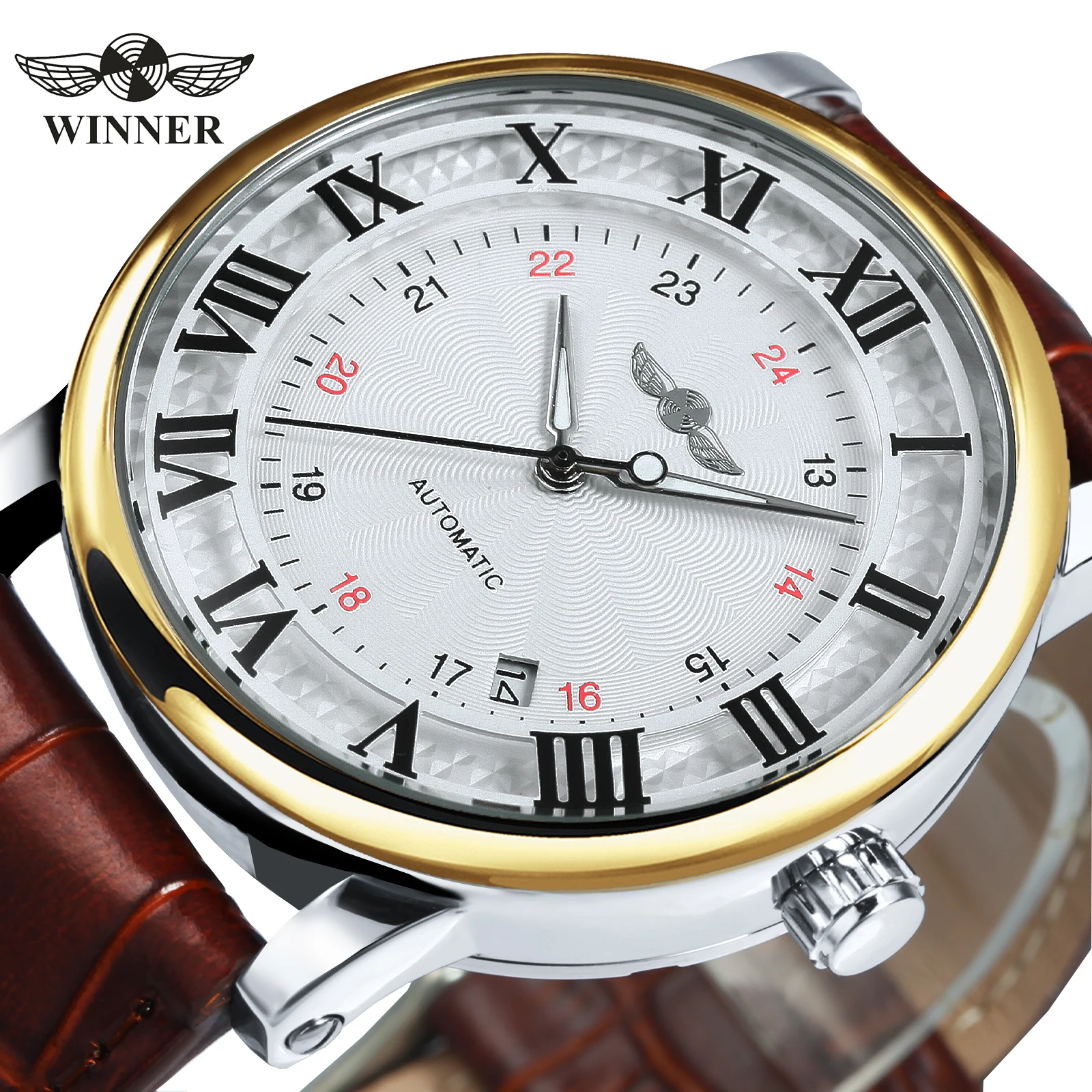 WINNER Fashion Minimalist Mechanical Watches Date Display Business Automatic Men Watch Casual Brown Leather Belt Male Wristwatch