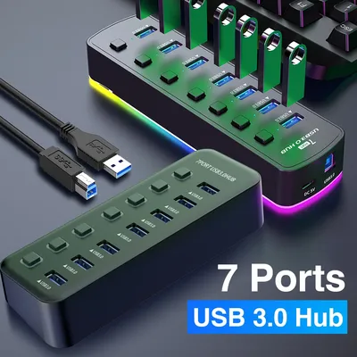 RGB USB 3.0 Hub 7 Ports Data Port Adapter 5Gbps High Speed Individual On/Off Switch Splitter USB