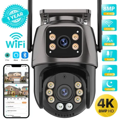 4K 8MP HD Wifi PTZ Camera Outdoor 4MP Dual Lens Dual Screen AI Auto Tracking IP Camera CCTV Audio