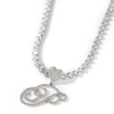 Uwin Cursive Letters With 6mm Heart Tennis Chain Intial Iced Out Brush Name Necklace Custom Charm