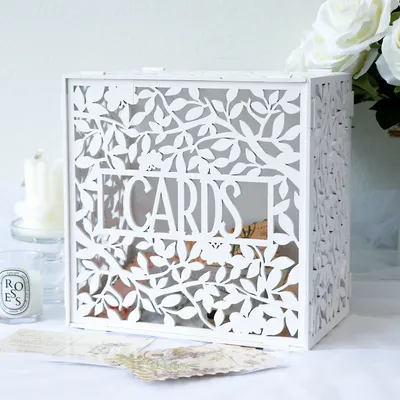 White Wedding Card Box for Hollow Wooden Gift Card Box with Slot, DIY Wedding Memory Money Card Box