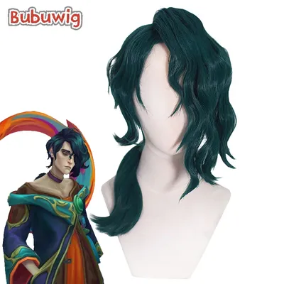 Bubuwig Synthetic Hair Hwei Cosplay Wigs Game LOL Hwei 60cm Long Curly Dark Green Party Men Wavy Wig