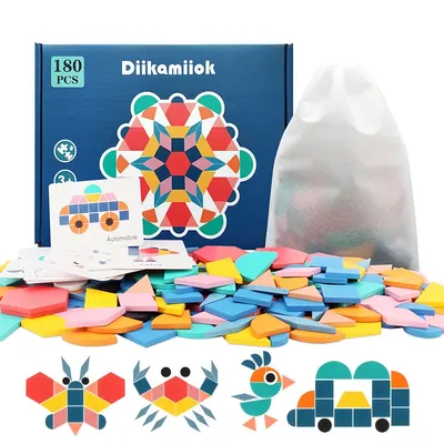 180pcs Set Wooden 3D Puzzles Colorful Geometric Shape Tangram Jigsaw Game Kids Montessori Learning