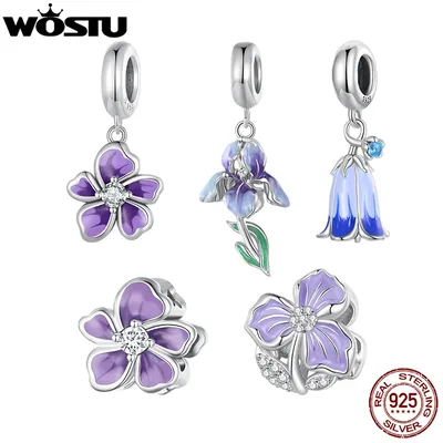 WOSTU Real 925 Sterling Silver Purple Flower Charms Morning glory Beads Fit Original Neckalce