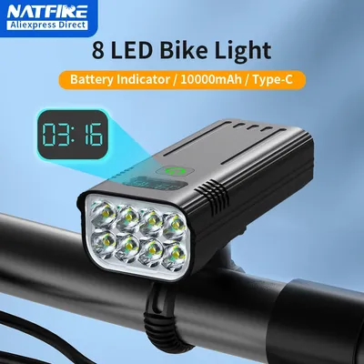 NATFIRE 10000mAh Bicycle Light with Battery Indicator USB Rechargeable Bike Light Set 8 LED