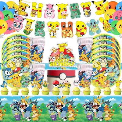 Pokemon Kids Birthday Party Pikachu Anime Character Cartoon Tableware Paper Cup Plate Cake