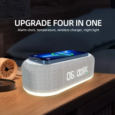 Wireless Charger Alarm Clock Time LED Light Thermometer Earphone Phone Charger 15W Fast Charging